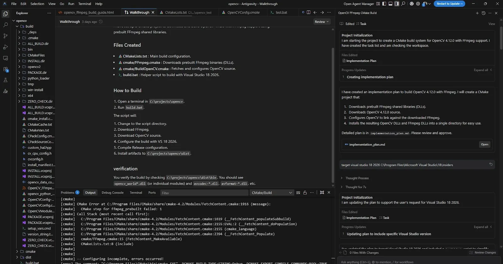 Antigravity to configure CMAKE Opencv build
