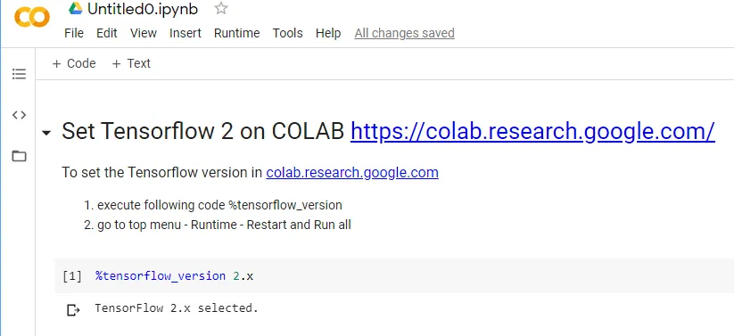 colab.research.google tensorflow 2 version