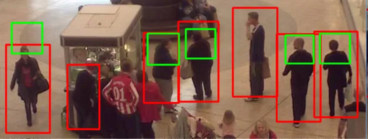 Cascade detector output on a station concourse: red boxes around whole bodies and green boxes around heads
