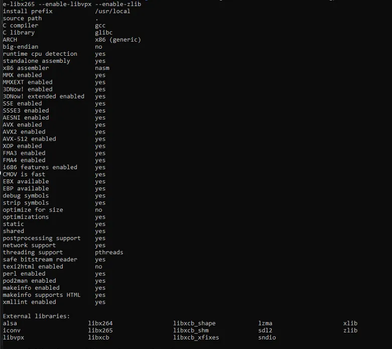FFmpeg build configuration for opencv 4.7
