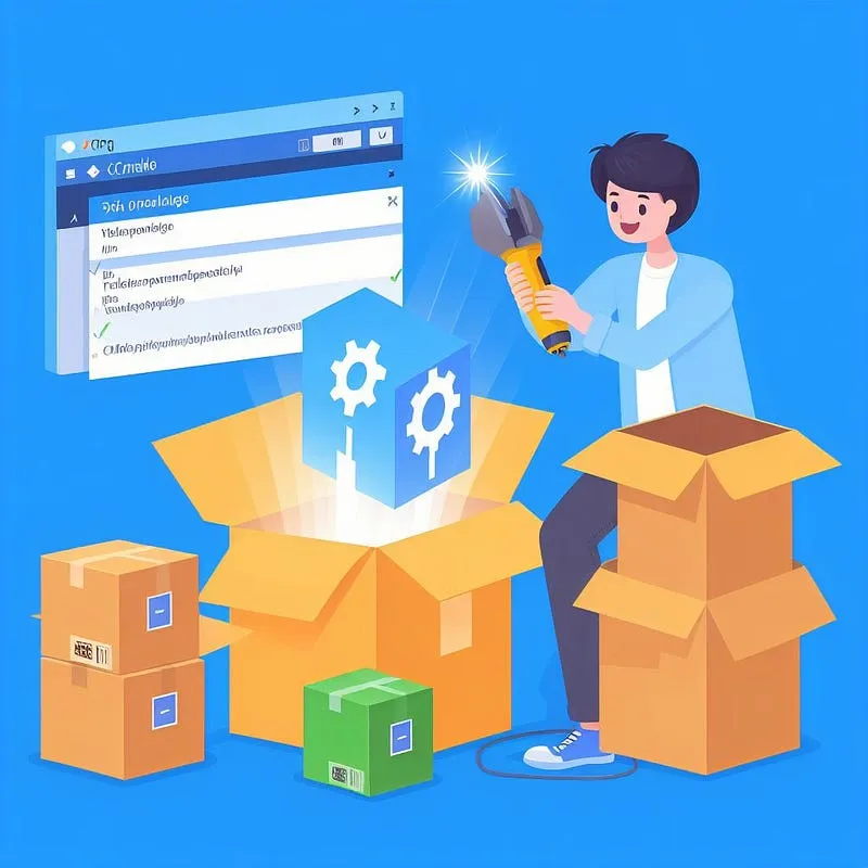 Illustration of a developer unpacking a glowing library from a cardboard box in front of a package-manager window