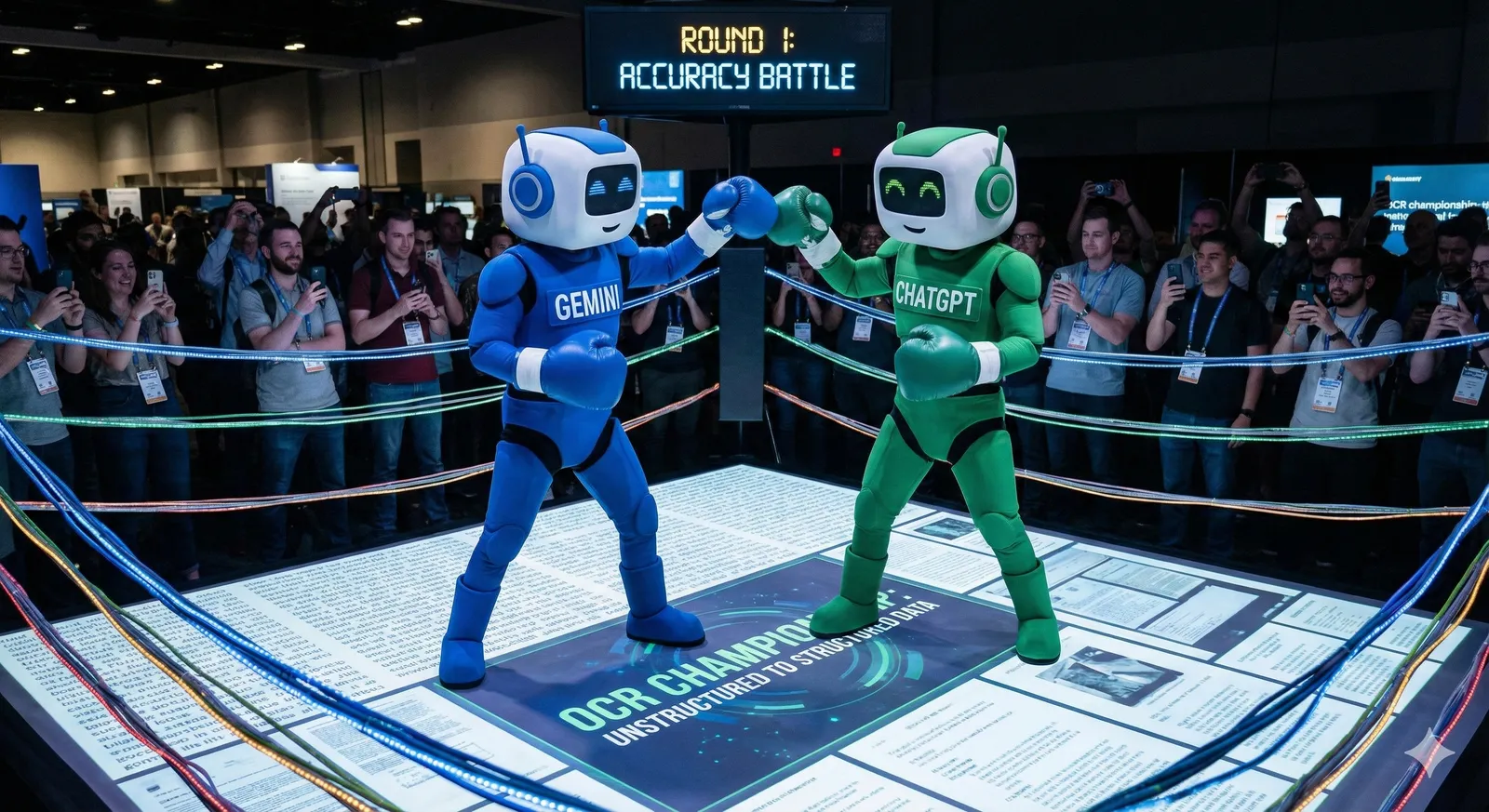 Illustration of Gemini and ChatGPT as boxing robots facing off in a ring floored with scanned documents, under a screen reading Round 1: Accuracy Battle