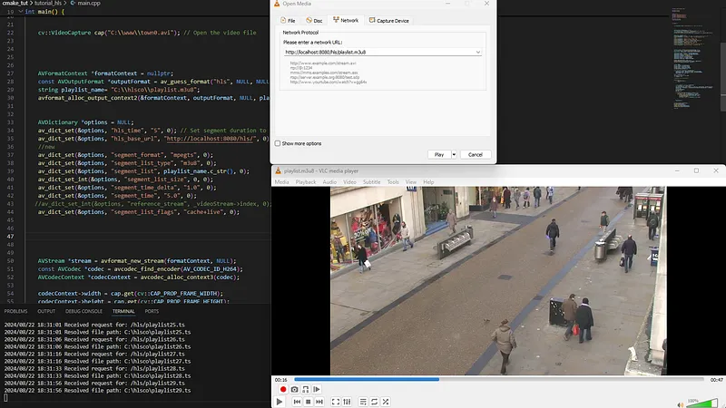 Opencv output is hls video stream served by a simple go server and a stream captured by VLC.