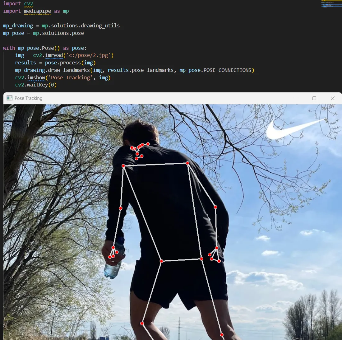 MediaPipe pose detection in Python: eight lines of cv2 and mediapipe code above a Pose Tracking window with the skeleton landmarks drawn over a runner