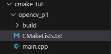 The minimal project in VS Code: a build folder, CMakeLists.txt and main.cpp