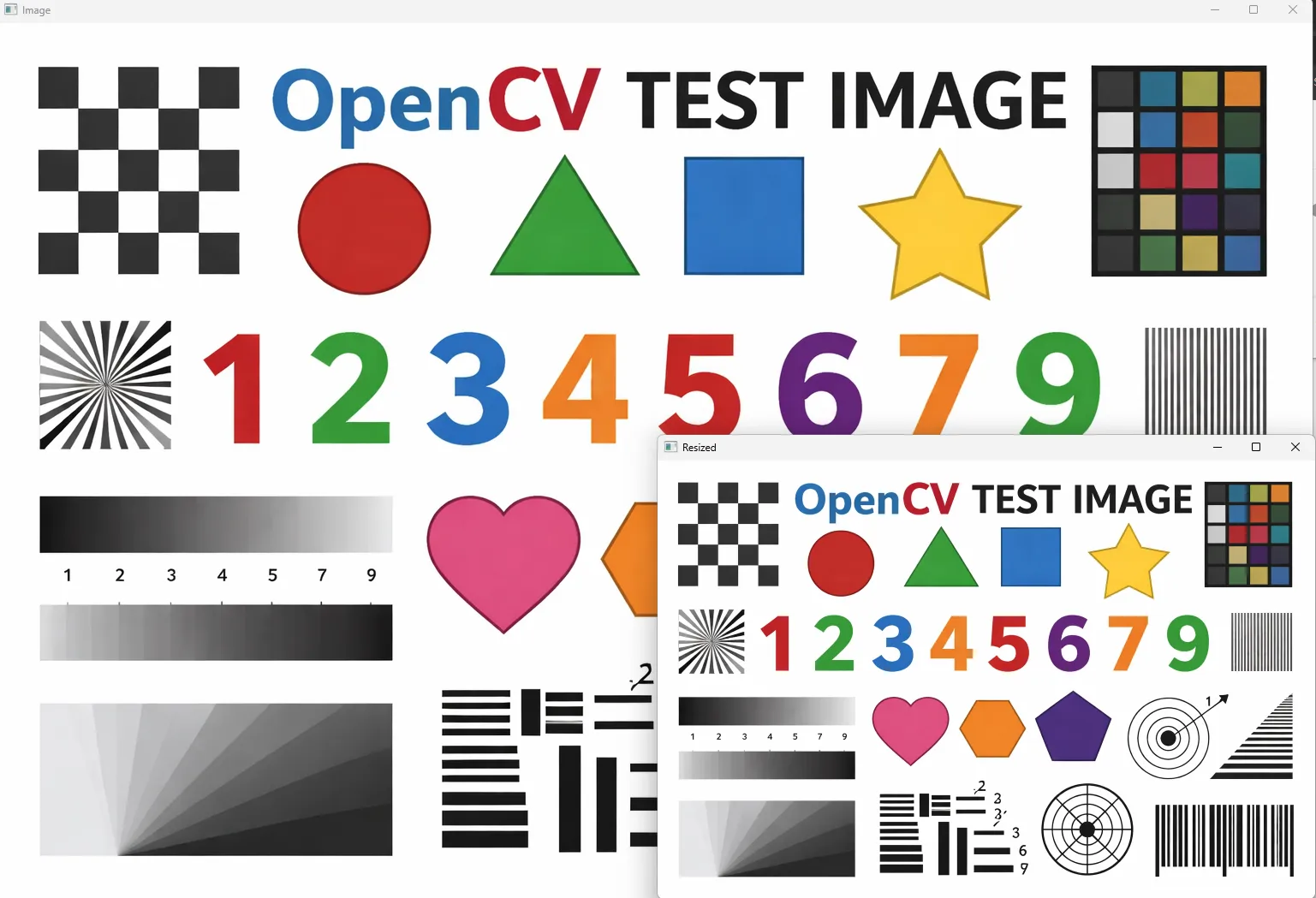 The OpenCV test chart of shapes, digits and gradients at full size, behind a smaller window holding the 300x300 resized copy