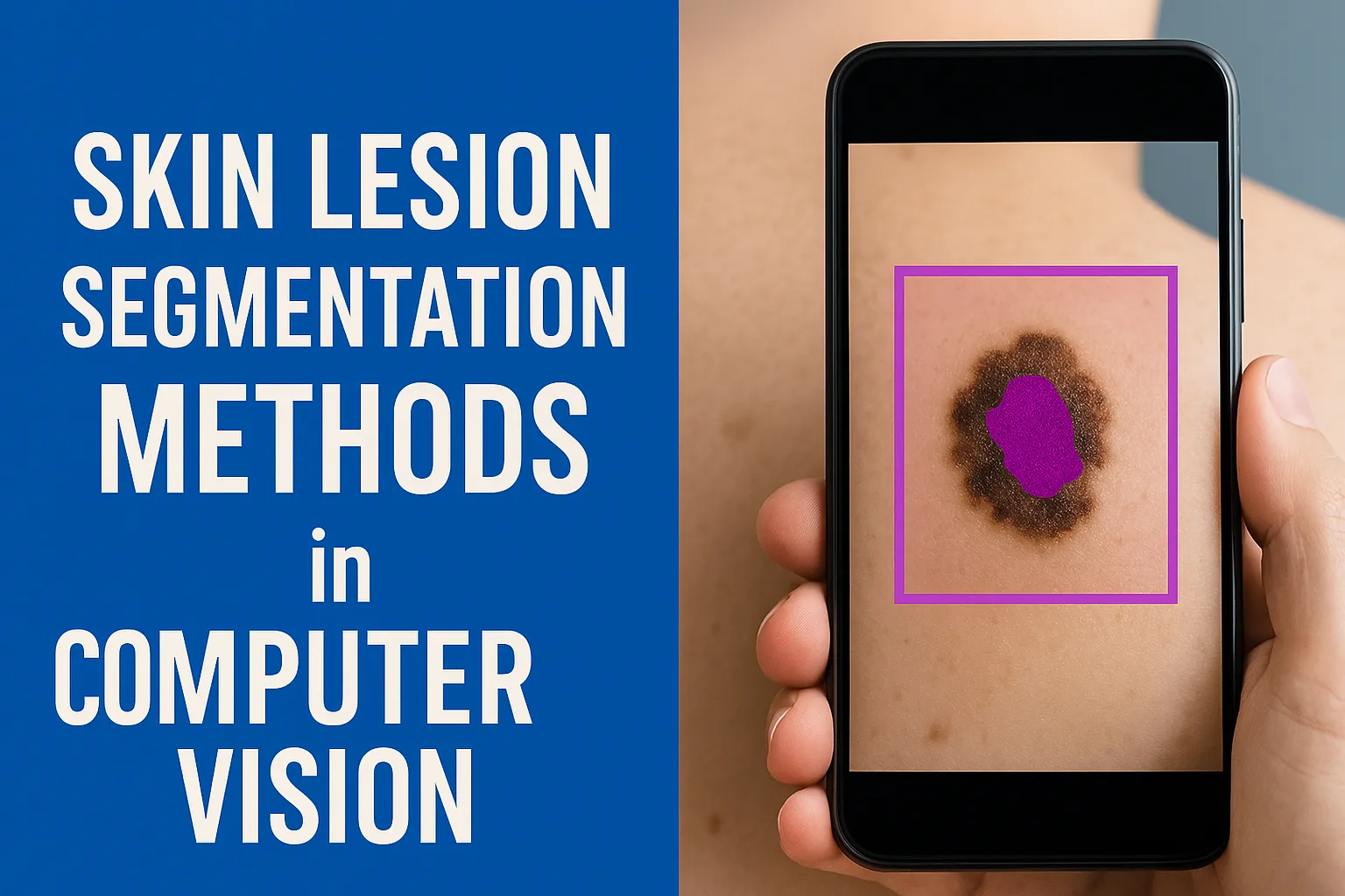 Title graphic reading Skin Lesion Segmentation Methods in Computer Vision, beside a phone photographing a mole with the segmented region highlighted in magenta
