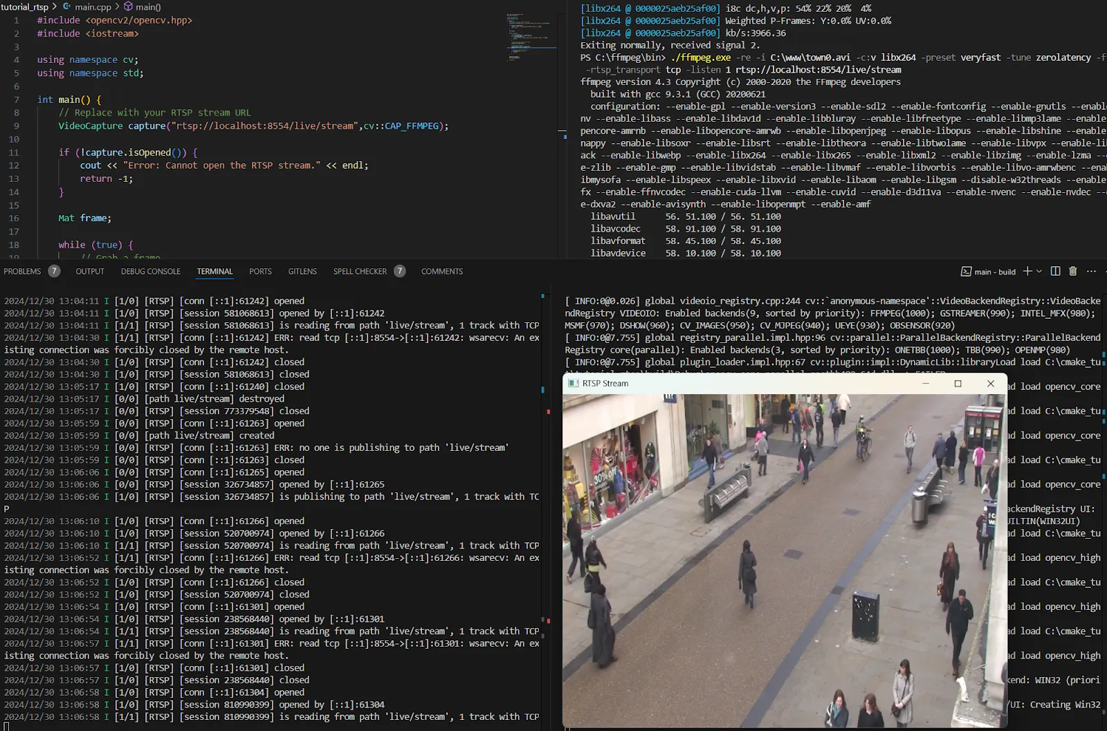 Four panes: the C++ VideoCapture source reading rtsp://localhost:8554/live/stream, the ffmpeg command publishing the stream, the RTSP server log, and the received street video playing in an OpenCV window
