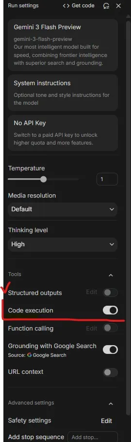 Google AI Studio run settings with the Gemini 3 Flash Preview model selected, thinking level High, and the Code execution tool switched on