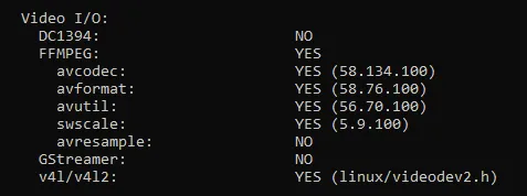 OpenCV CMake Video I/O summary showing FFMPEG YES with the avcodec, avformat, avutil and swscale versions listed, and GStreamer NO