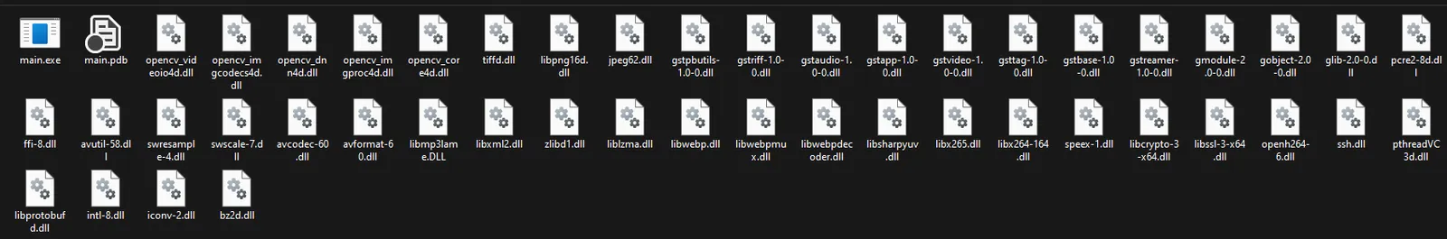 The build output folder after the post-build copy step: main.exe alongside every OpenCV, GStreamer, FFmpeg and codec DLL it needs