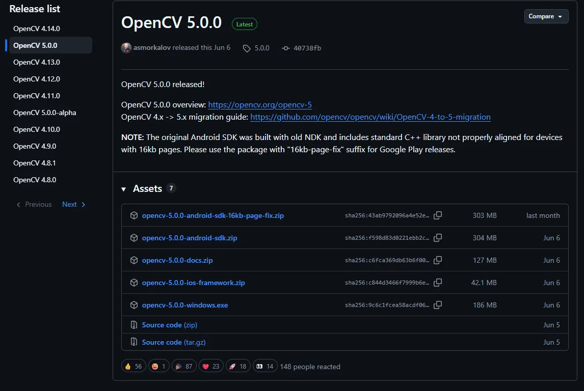 The OpenCV 5.0.0 GitHub release page, with opencv-5.0.0-windows.exe among the seven downloadable assets