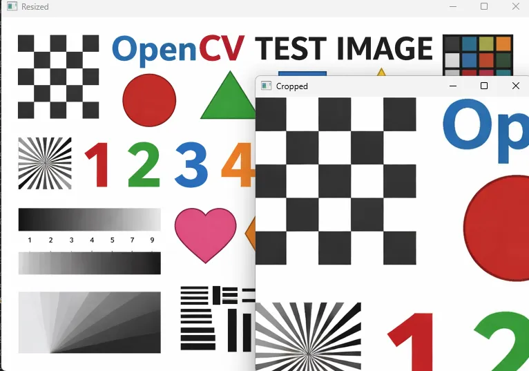 The resized test chart behind a Cropped window showing the region of interest taken from its top-left corner