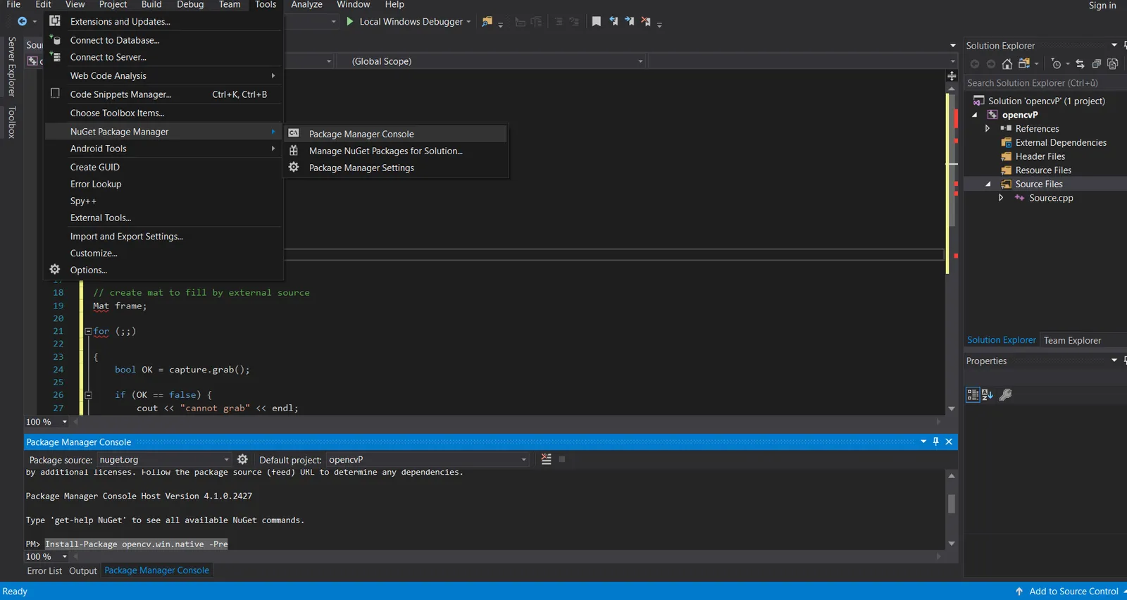 Visual Studio 2017 with Tools, NuGet Package Manager, Package Manager Console open, and Install-Package opencv.win.native -Pre typed at the prompt
