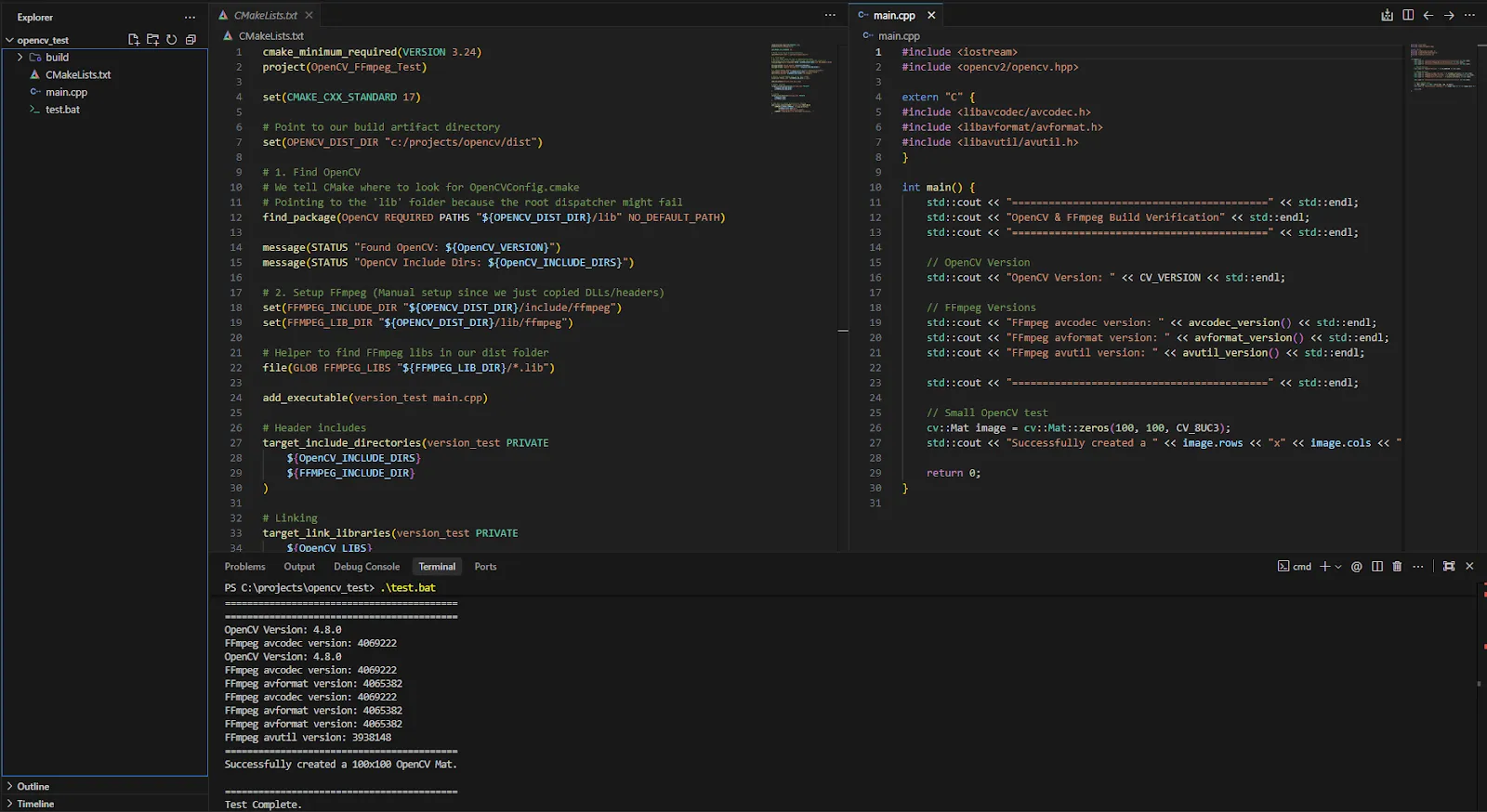 VS Code with the generated CMakeLists.txt and main.cpp side by side, and the terminal printing OpenCV 4.8.0 with the FFmpeg avcodec, avformat and avutil versions the test program found