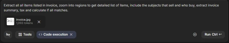 AI Studio prompt asking the model to extract every invoice item, zoom into regions and reconcile the totals, with invoice.jpg attached and Code execution enabled