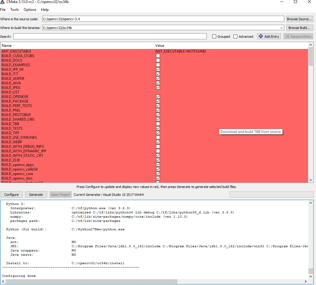 Configuration of opencv build in cmake