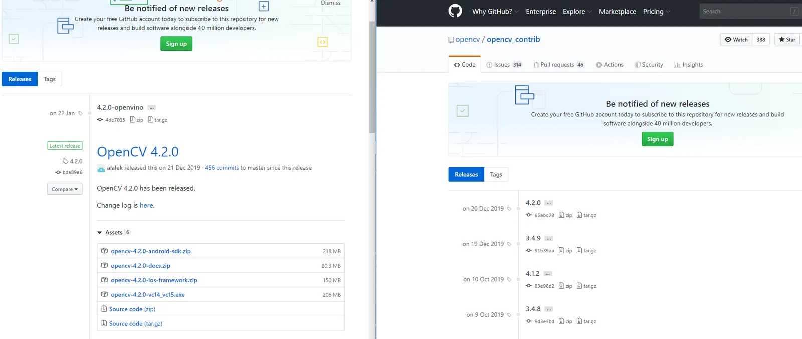 GitHub release pages for OpenCV 4.2.0 and opencv_contrib, showing the source archives and downloadable assets