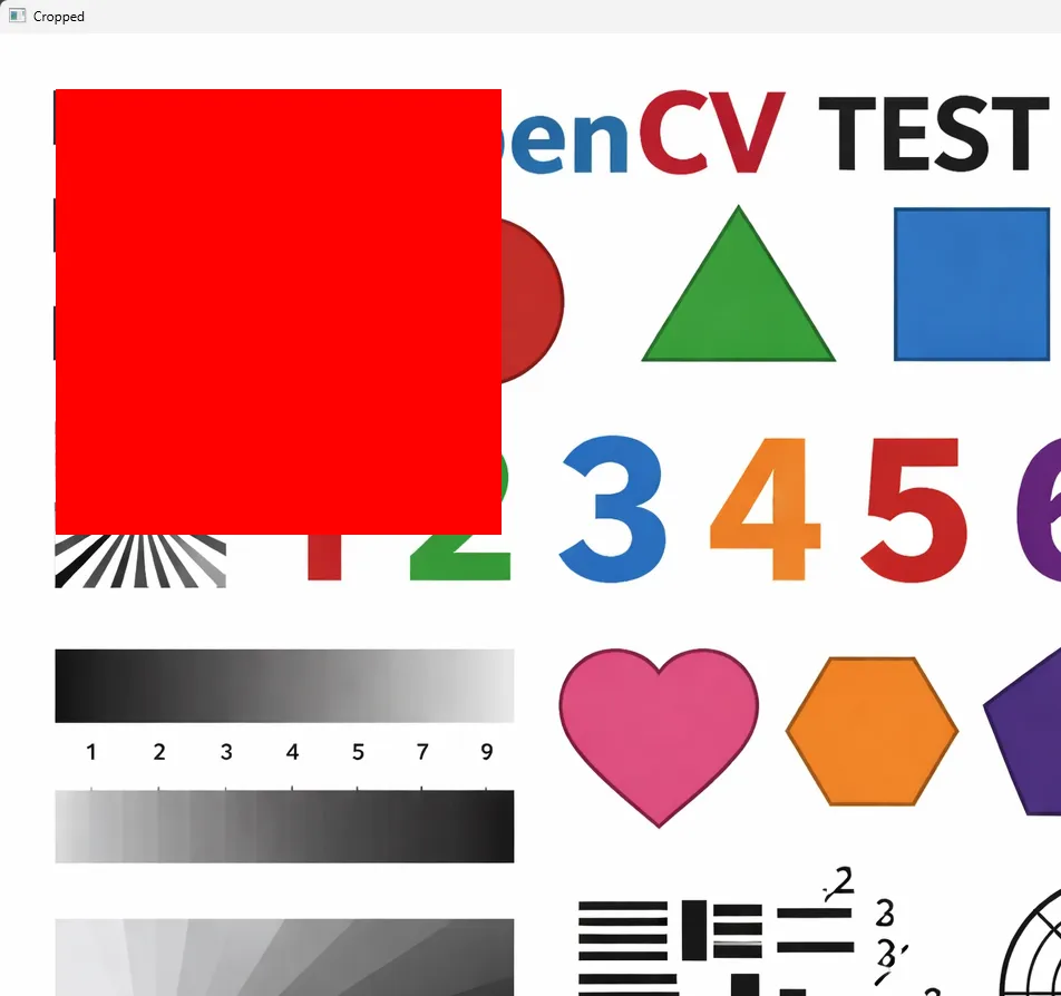 The cropped view after filling the ROI with red, showing that the crop is a view into the original Mat rather than a copy