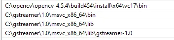 The four Windows Path entries the build needs: the OpenCV vc17 bin folder and three GStreamer msvc_x86_64 paths
