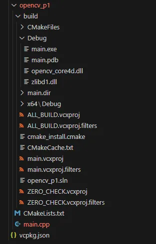 The generated build tree with main.exe, opencv_core4d.dll and zlibd1.dll placed in Debug alongside the Visual Studio project files
