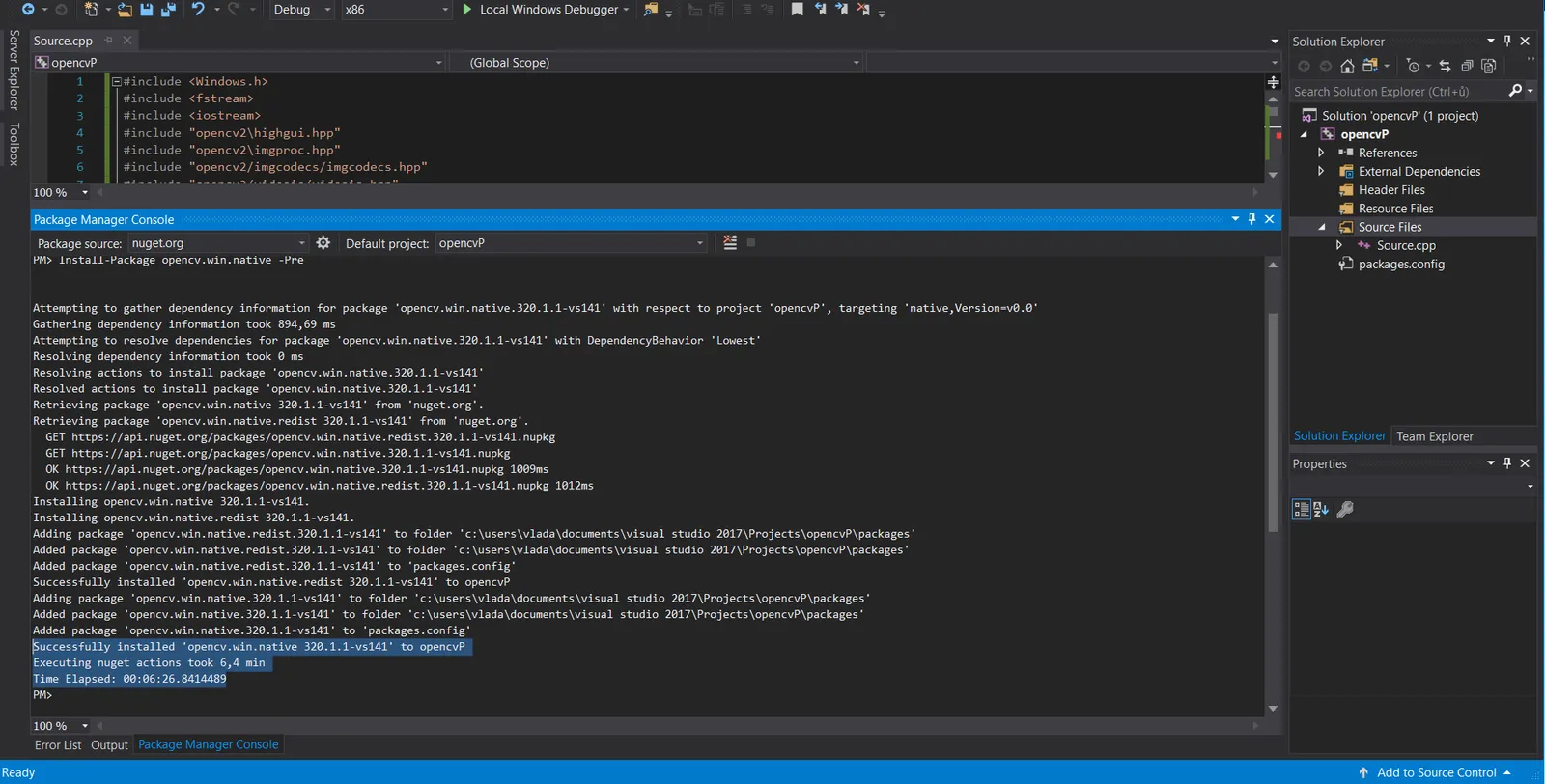 The Package Manager Console finishing: opencv.win.native 320.1.1-vs141 successfully installed, 6.4 minutes elapsed