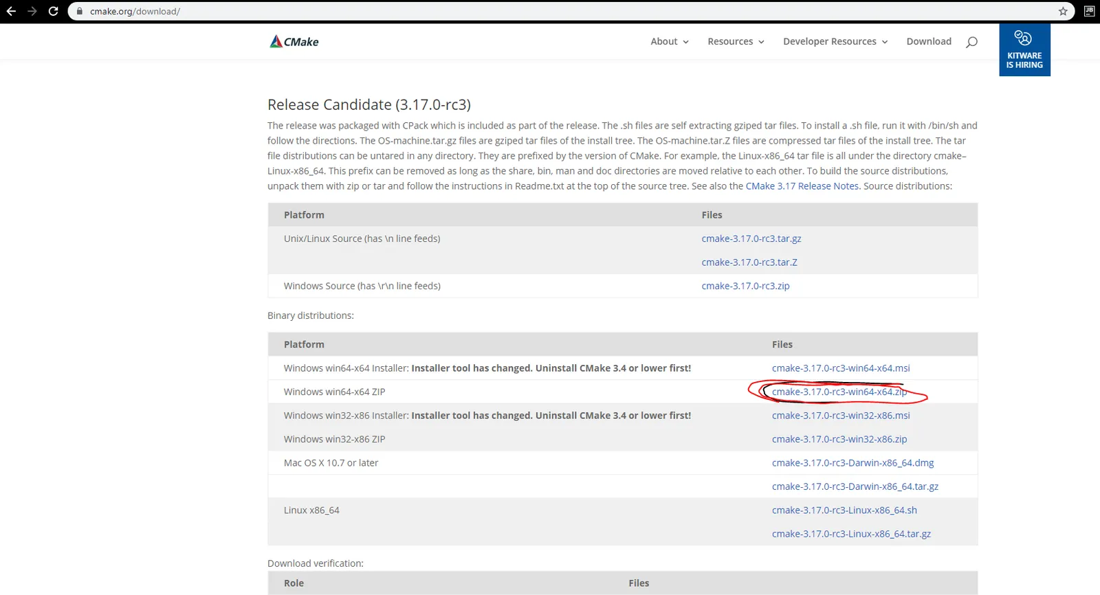 CMake download page with the Windows win64-x64 ZIP of release candidate 3.17.0-rc3 circled in red