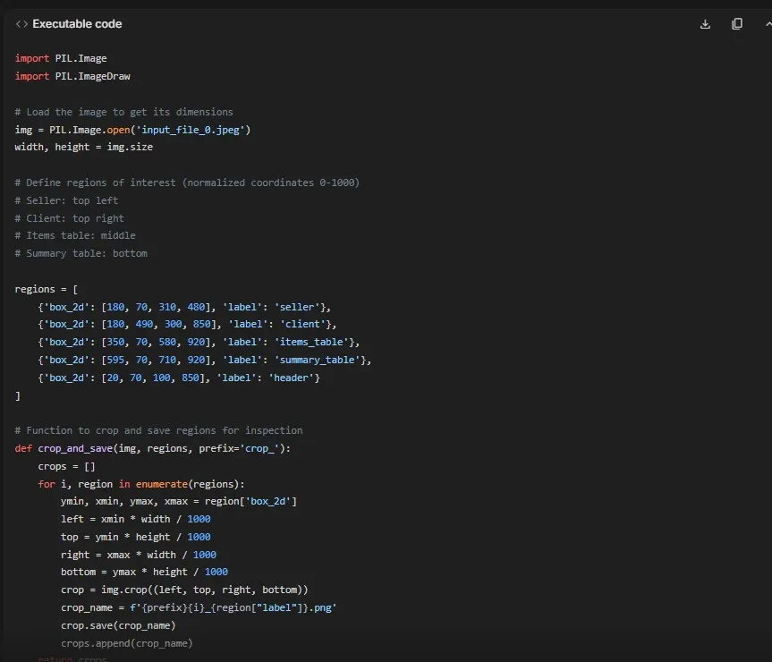Executable code Gemini wrote for itself: Python using PIL to define five normalised bounding boxes for seller, client, items table, summary table and header, then crop and save each region