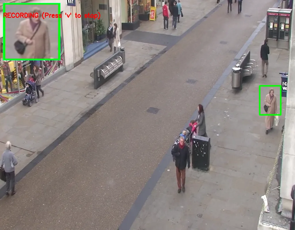 The tracker holding onto the pedestrian in a crowded frame, with the enlarged view of the tracked region in the top-left corner