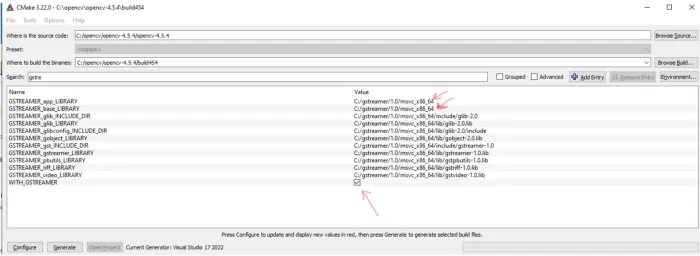 CMake 3.22 filtered by 'gstre', with every GSTREAMER path resolved under C:/gstreamer/1.0/msvc_x86_64 and WITH_GSTREAMER ticked