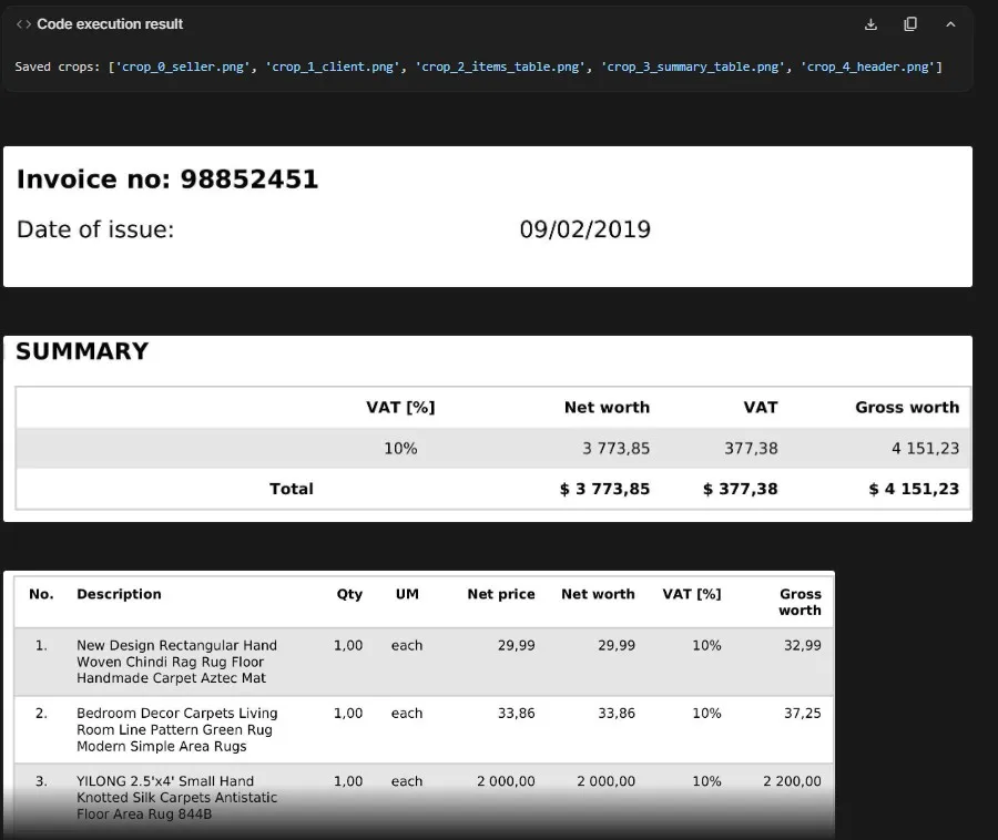 Code execution result listing the five saved crops, followed by the extracted invoice number 98852451 and a summary table of VAT, net worth and gross worth