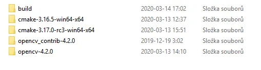 Windows folder listing with build, cmake-3.17.0-rc3-win64-x64, opencv_contrib-4.2.0 and opencv-4.2.0 extracted side by side