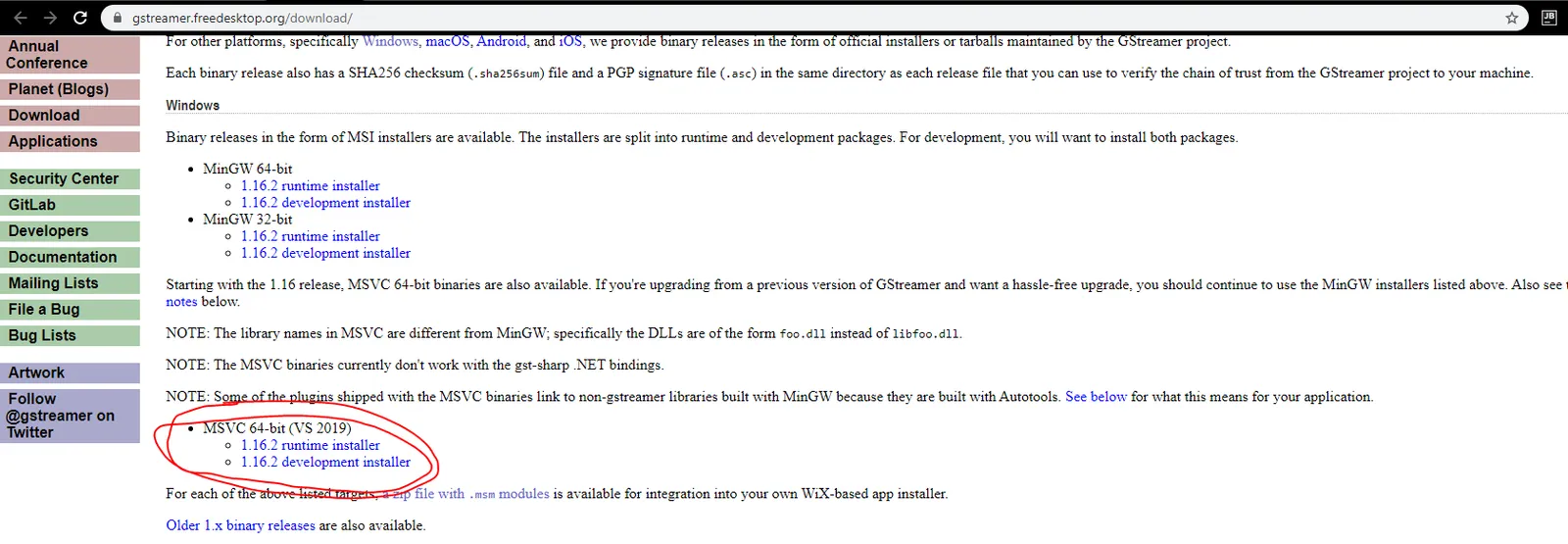 GStreamer Windows download page with the MSVC 64-bit (VS 2019) runtime and development installers circled in red