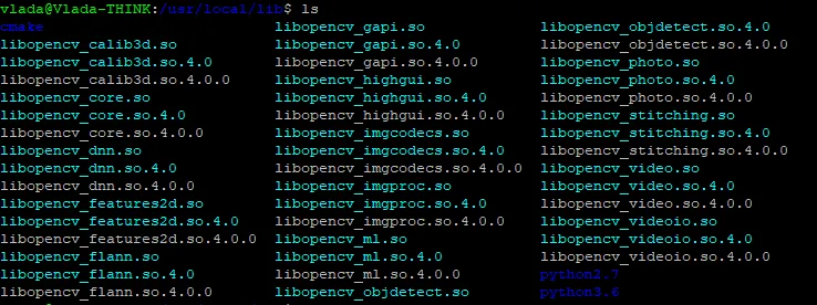 ls of /usr/local/lib on Ubuntu listing the built libopencv shared objects, each at version 4.0.0