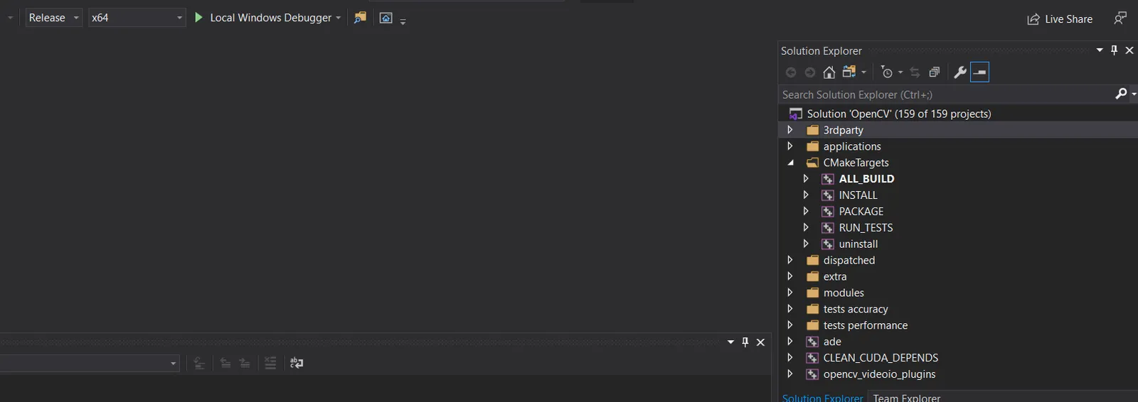 The generated OpenCV solution in Visual Studio with 159 projects, Release x64 selected and the INSTALL target visible under CMakeTargets