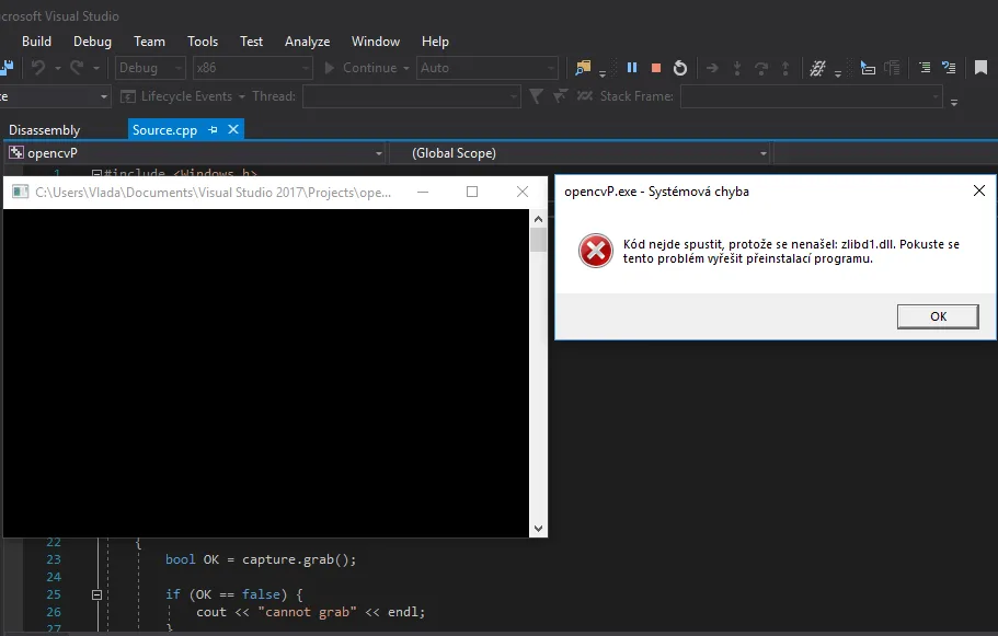 The same missing zlibd1.dll error raised while debugging the project in Visual Studio