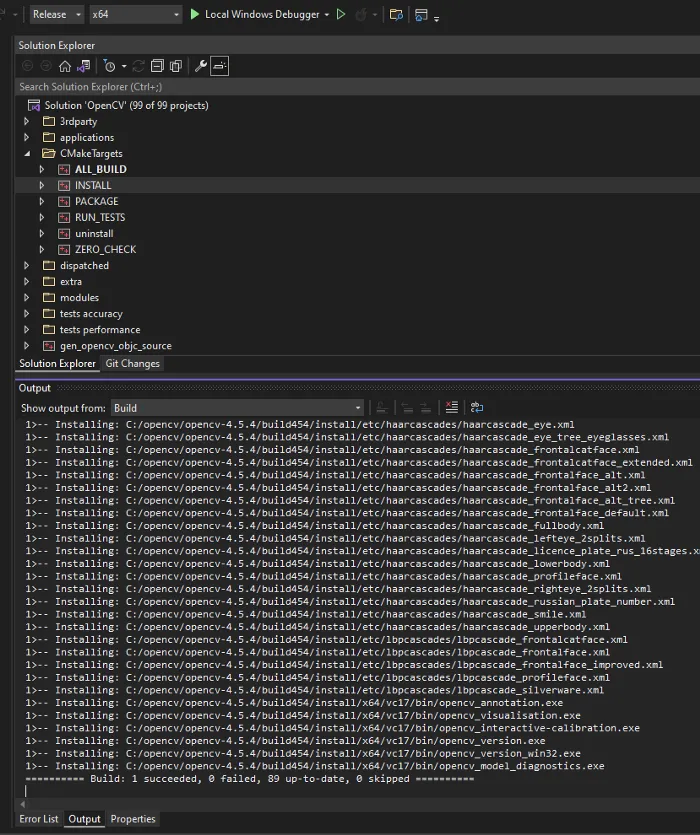 Visual Studio installing OpenCV 4.5.4 into build454/install, ending in Build: 1 succeeded, 0 failed