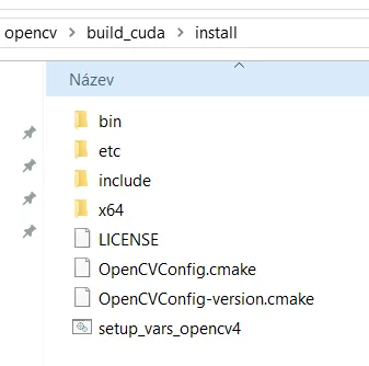 The build_cuda/install folder holding bin, etc, include, x64, OpenCVConfig.cmake and setup_vars_opencv4
