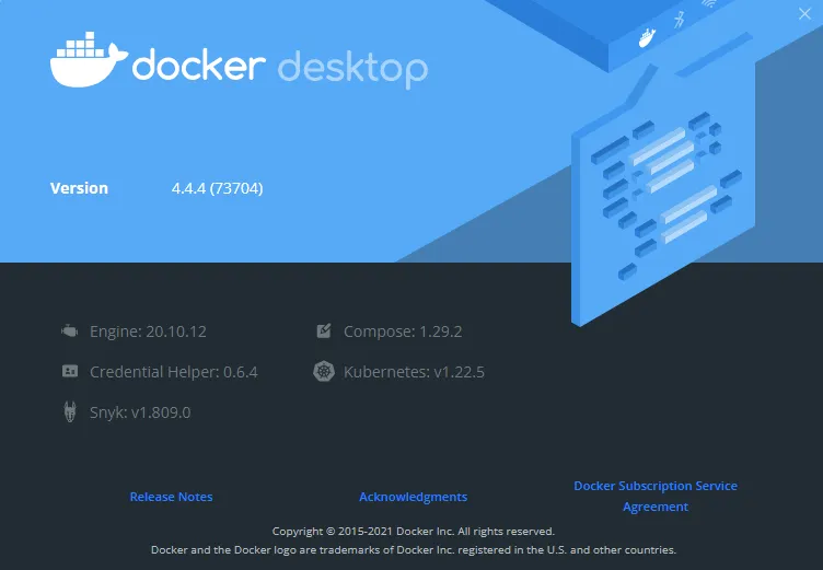 The Docker Desktop about window showing version 4.4.4 with Engine 20.10.12 and Compose 1.29.2