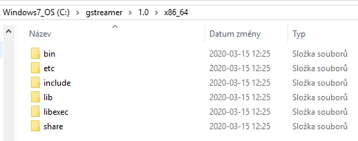 The installed GStreamer folder at C:/gstreamer/1.0/x86_64, containing bin, etc, include, lib, libexec and share