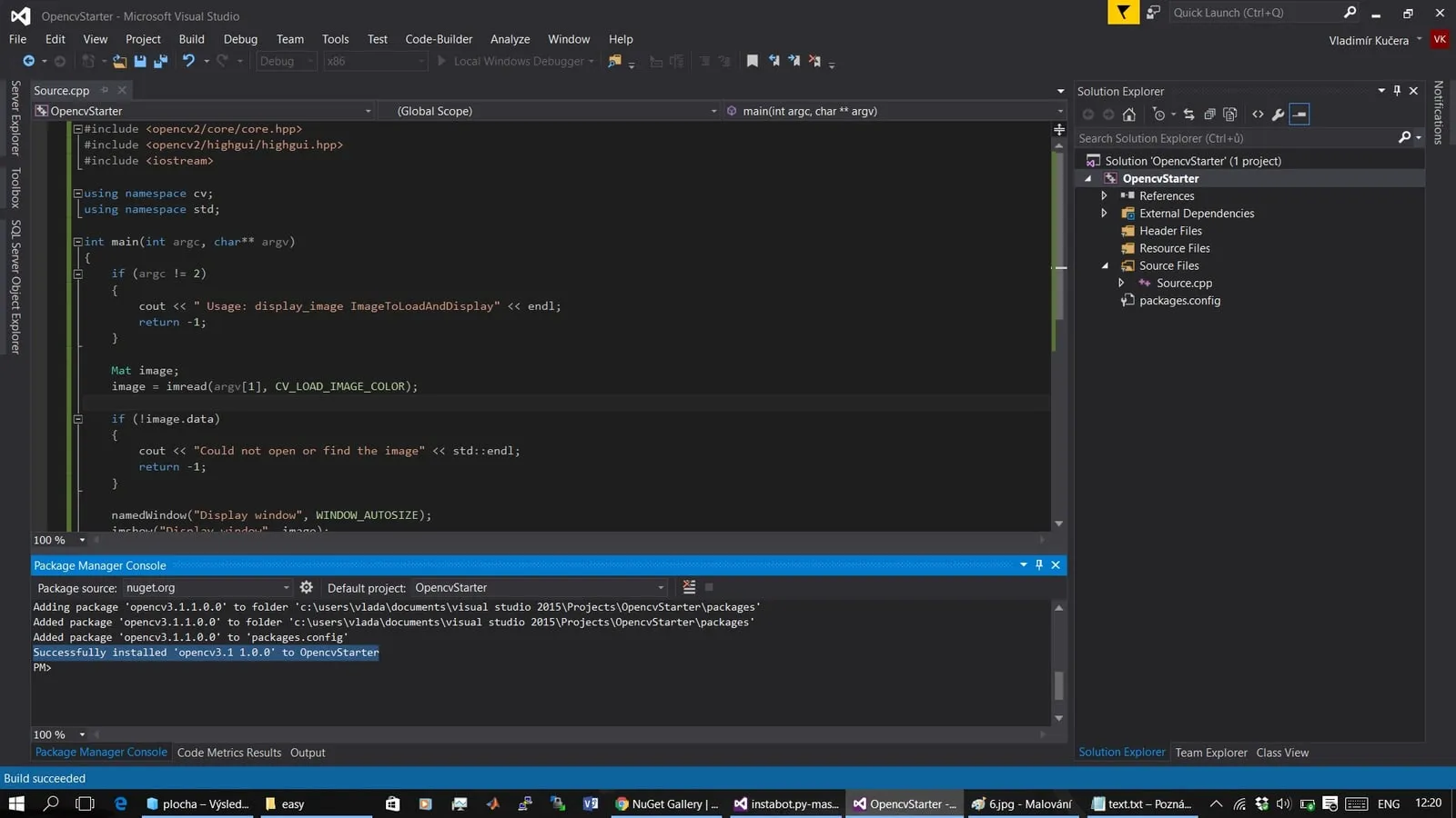 Visual Studio 2015 after the NuGet install: the Package Manager Console reporting opencv3.1 1.0.0 successfully installed, with an imread and imshow program open and Build succeeded