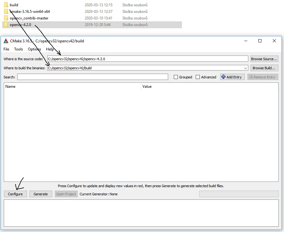 CMake GUI with the OpenCV source folder and the empty build folder filled in, arrows pointing from the Explorer window, before pressing Configure
