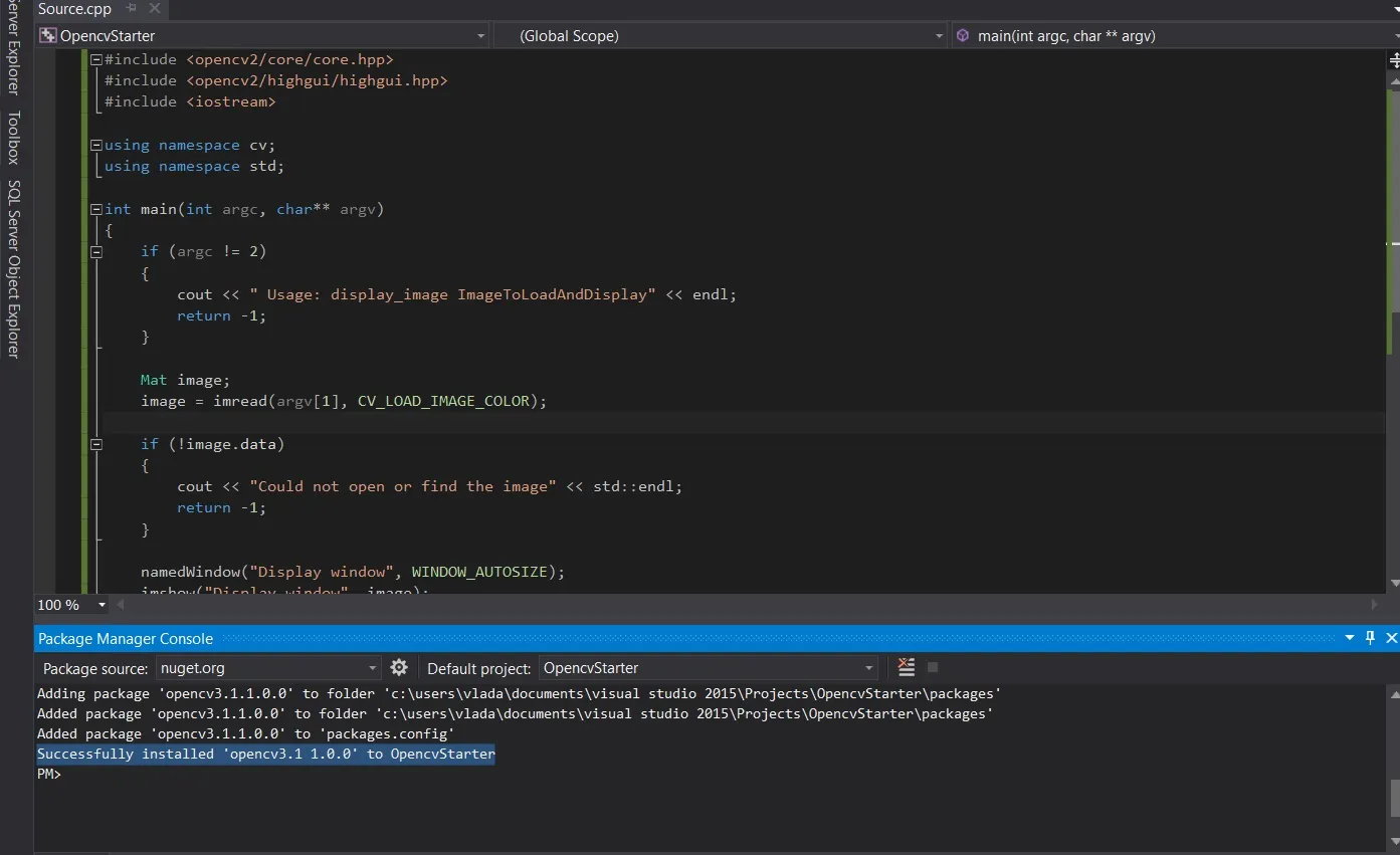 opencv 3.1 nuget instal visual studio