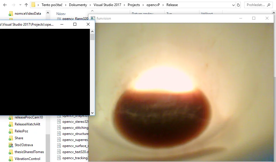 The finished Release build showing a close-up webcam frame, with the OpenCV DLLs sitting beside the executable in the Release folder