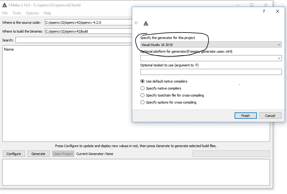 CMake generator dialog with Visual Studio 16 2019 selected and Use default native compilers checked