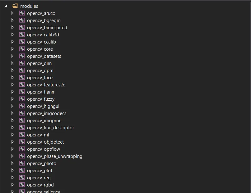 Solution Explorer listing the opencv module projects generated by CMake, from opencv_aruco through opencv_saliency