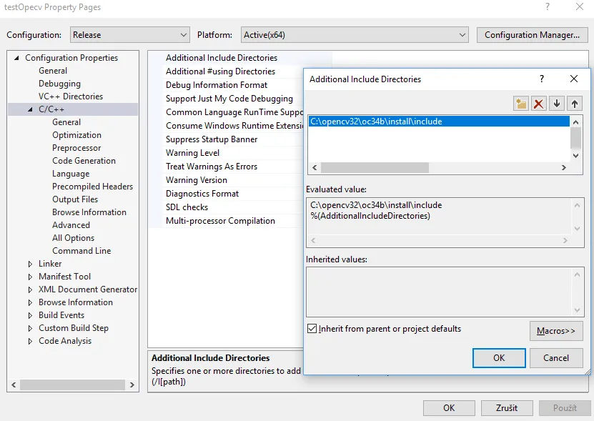include opencv visual studio header files