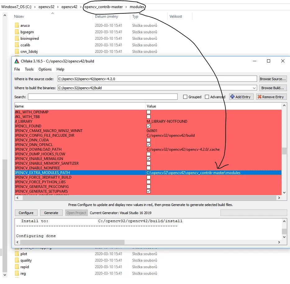OPENCV_EXTRA_MODULES_PATH highlighted in the CMake variable list, pointing at the opencv_contrib-master modules folder