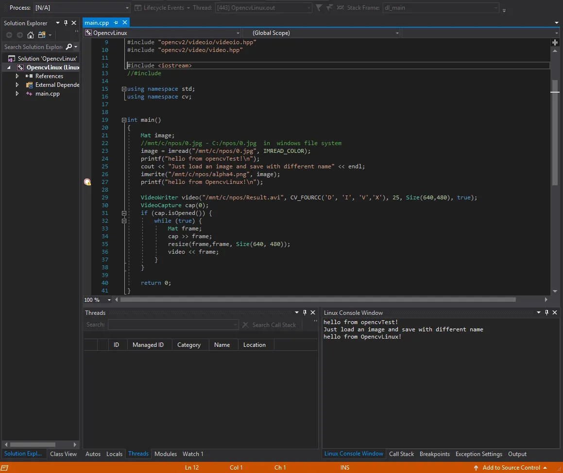 Visual Studio 2017 debugging the Linux project: main.cpp reading and writing files under /mnt/c, with the Linux Console Window printing the program output