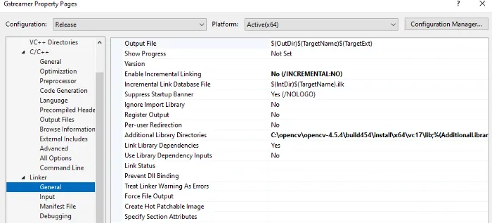 Visual Studio linker General settings with Additional Library Directories pointing at the OpenCV build454/install vc17 lib folder